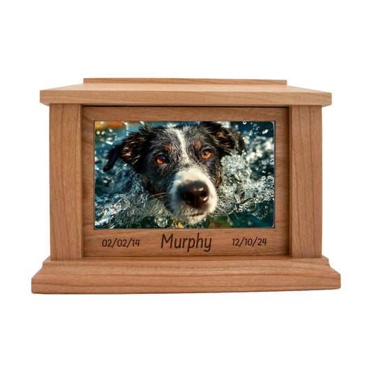 Cherry wood pet memorial box with rectangular base engraving area and sample engraving