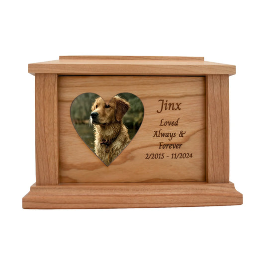 Cherry wood pet memorial box with side heart engraving area and sample engraving