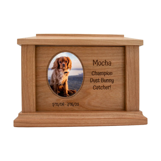 Cherry wood pet memorial box with oval photo opening and sample engraving, straight front view