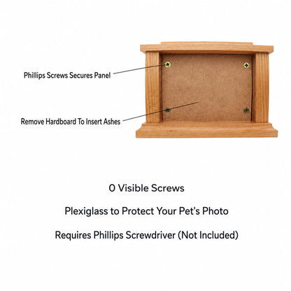 Feature callout graphic labeling the cherry memorial box photo frame and secure storage panel