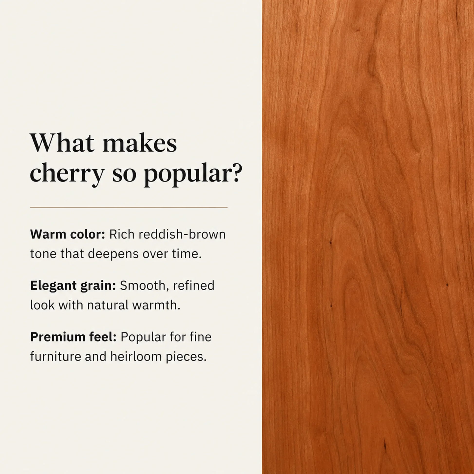 Cherry wood grain information panel explaining the finish choice