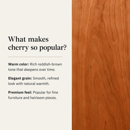 Cherry wood grain information panel explaining the finish choice