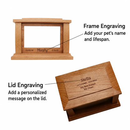 Cherry wood memorial box graphic showing front frame and lid engraving options