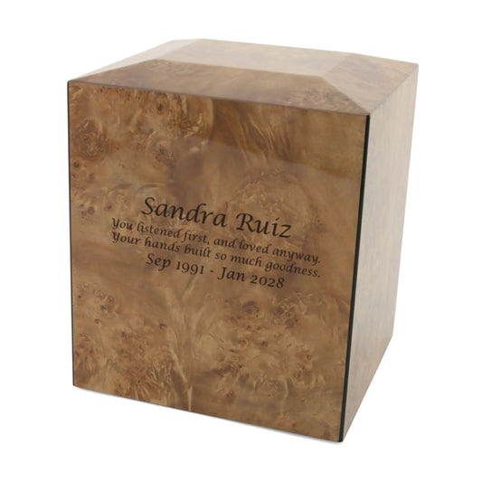 Natural wood-look MDF cremation urn front view on white background