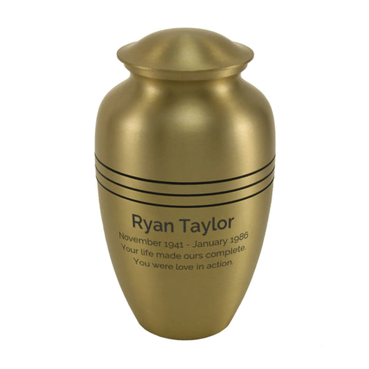 Bronze-finish brass cremation urn front view on white background, lid detail