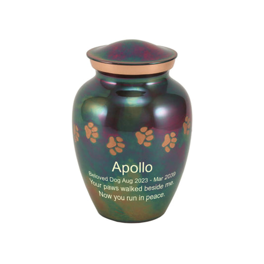 Pet urn with iridescent purple and blue swirling finish on white background, small size view