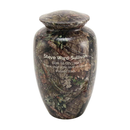 Camouflage-finish aluminum cremation urn with camouflage pattern front view on white background