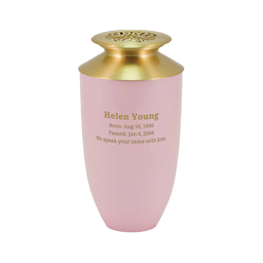 Blush-finish aluminum and brass tall cylindrical scattering urn with butterfly design upright on white background