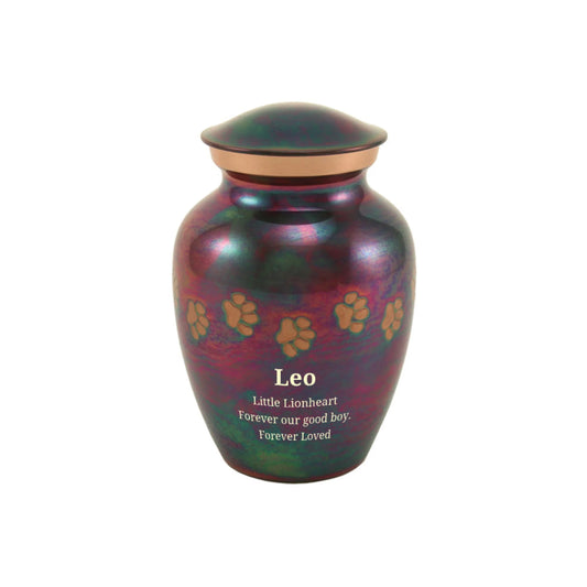 Pet urn with iridescent purple and blue swirling finish on white background, extra-small size view
