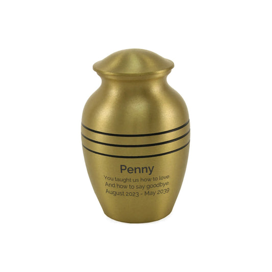 Bronze-finish brass cremation urn front view on white background, side detail