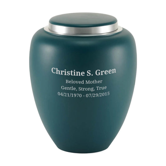 Sapphire-finish aluminum cremation urn front view on white background
