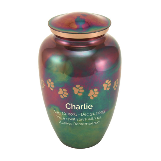 Pet urn with iridescent purple and blue swirling finish on white background