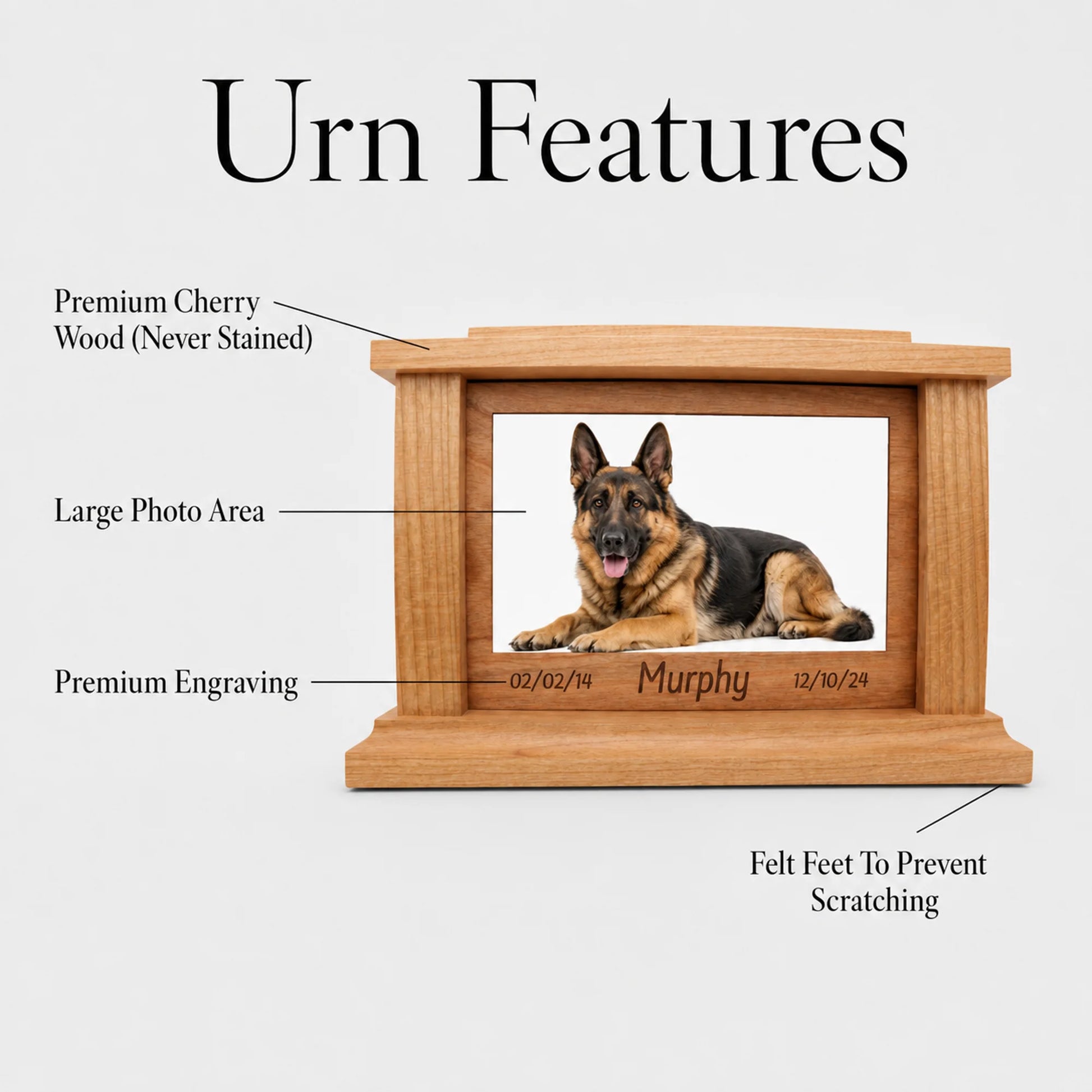 Cherry wood memorial box with dog portrait, engraved name, and dates on the front frame