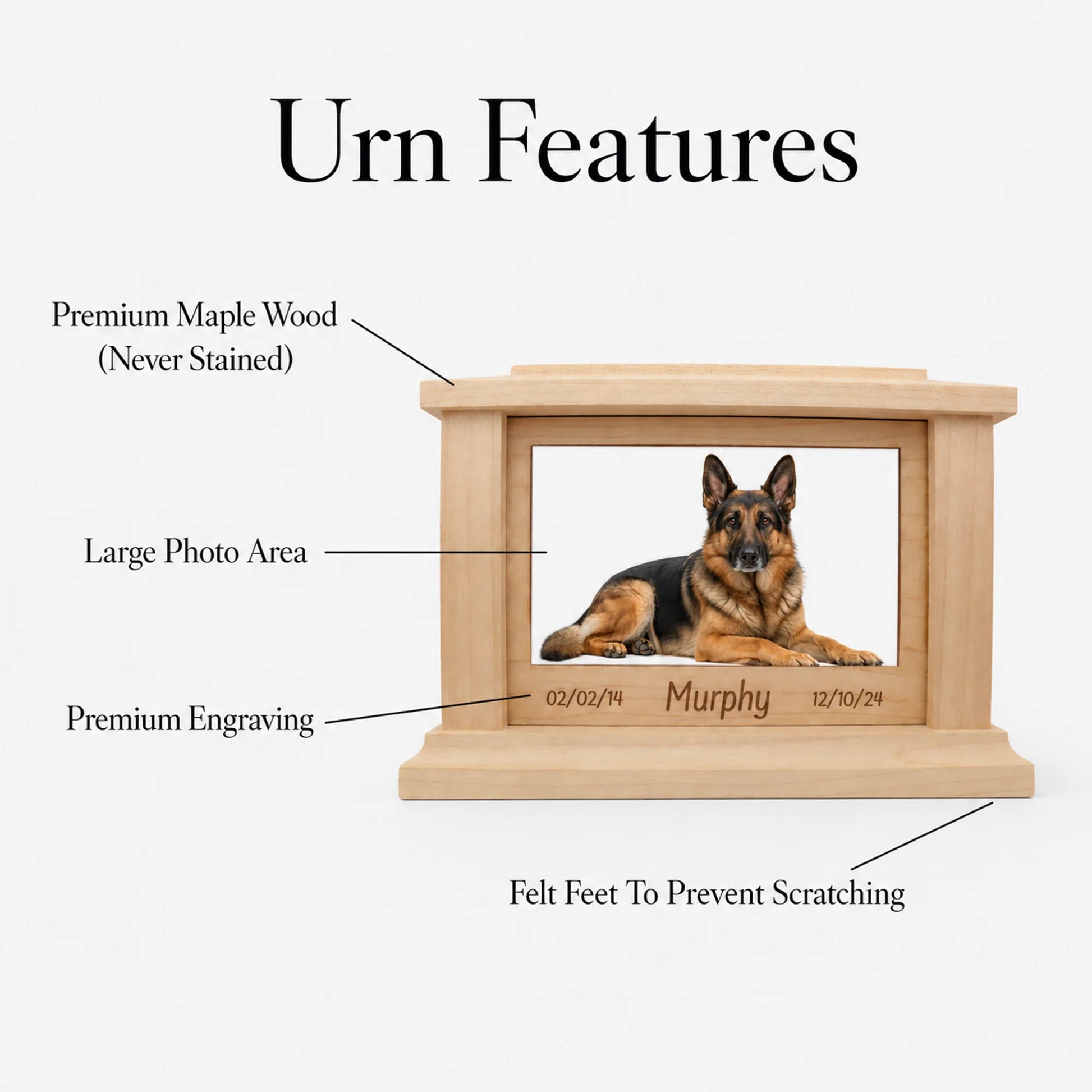 Maple wood memorial box with dog portrait and engraved sample text on the front frame