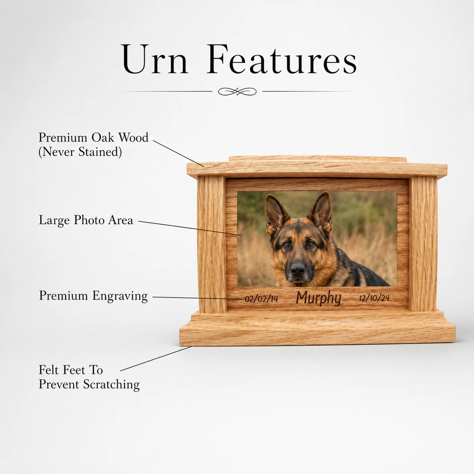 Oak wood memorial box with dog portrait and engraved sample text on the front