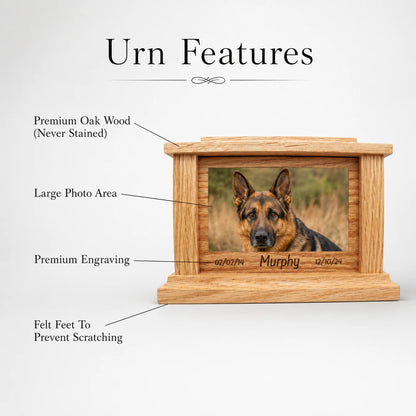 Oak wood memorial box with dog portrait and engraved sample text on the front