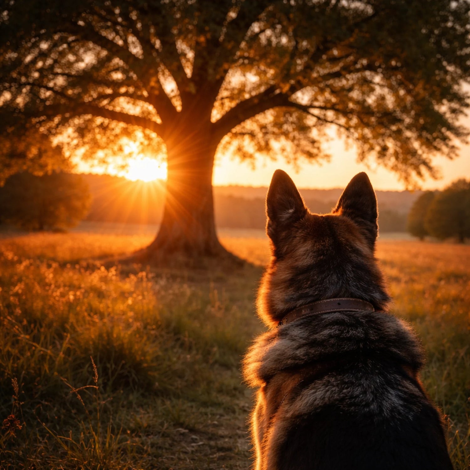 an old german shepherd sits at night looking at the sunset. 