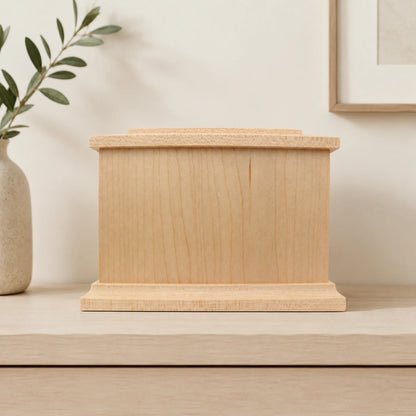 Maple wood memorial box rear view with screw-secured removable storage panel