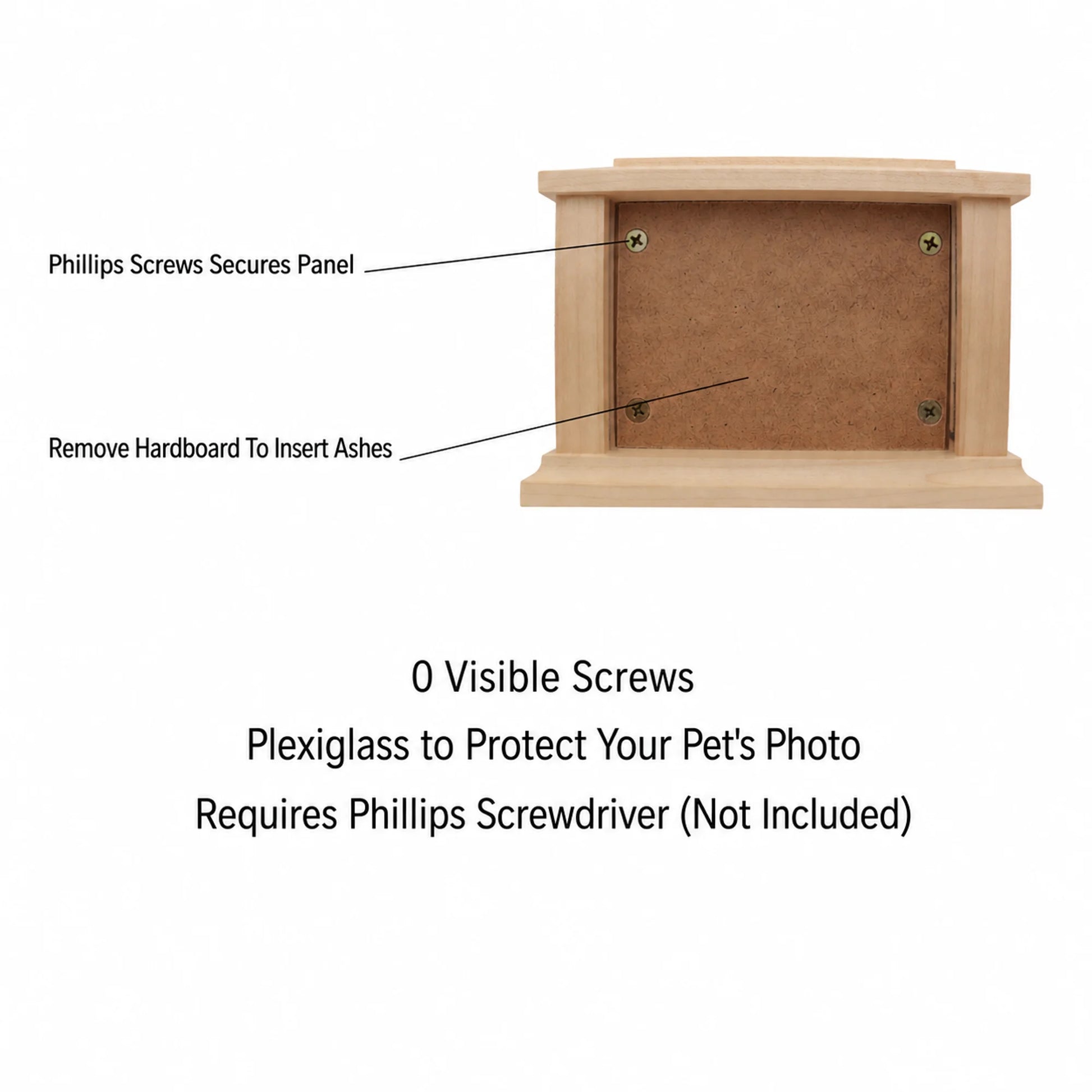 Feature callout graphic labeling the maple memorial box photo frame and secure storage panel