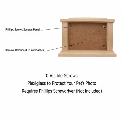 Feature callout graphic labeling the maple memorial box photo frame and secure storage panel