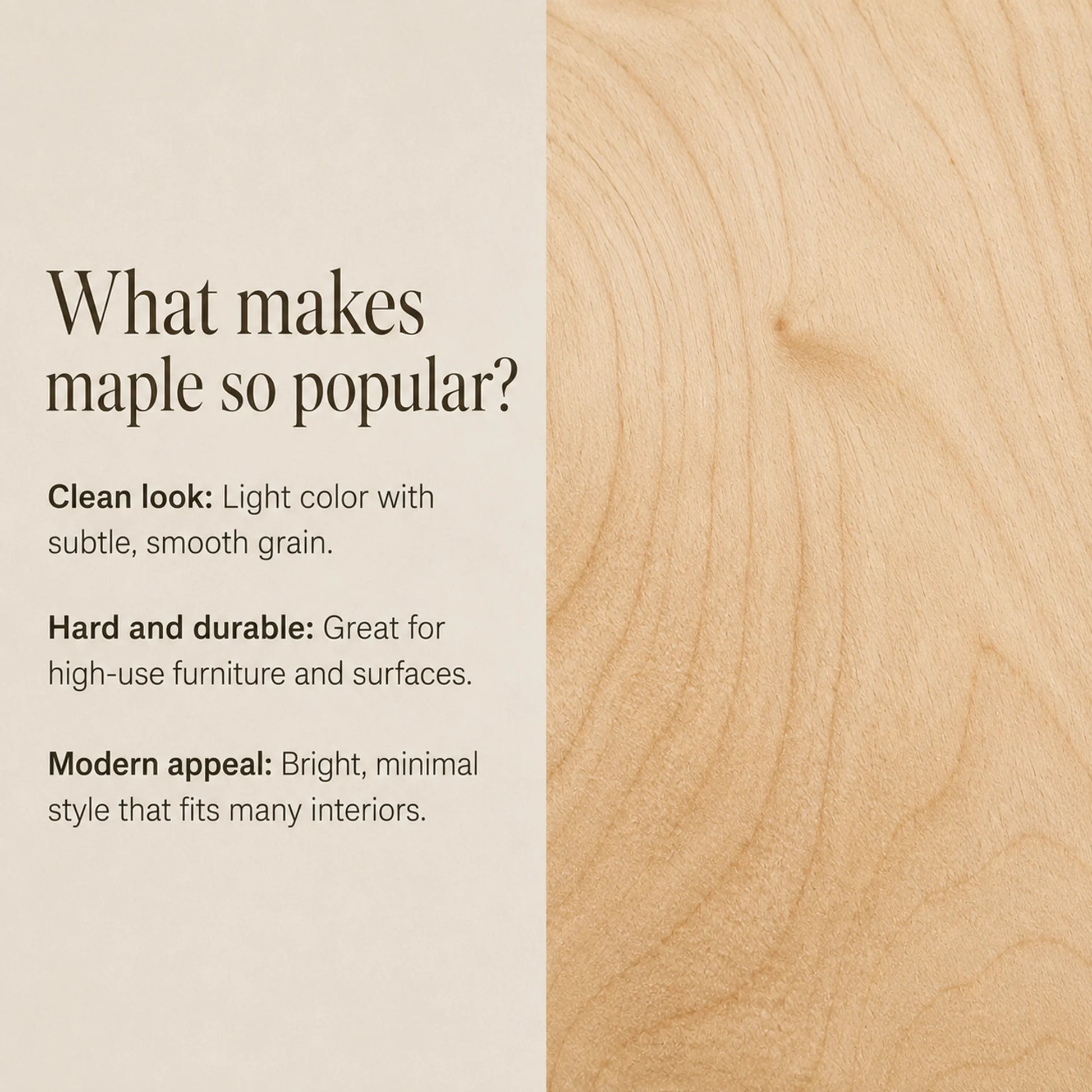 Maple wood grain information panel explaining the finish choice