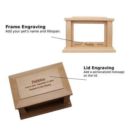 Maple wood memorial box graphic showing front frame and optional lid engraving areas