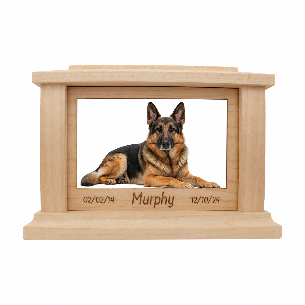 Wooden pet urn with a photo of a German Shepherd and engraved details on a white background