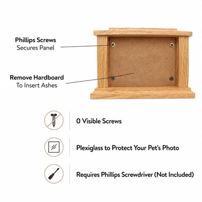 Feature callout graphic labeling the oak memorial box frame, engraving, felt feet, and storage panel
