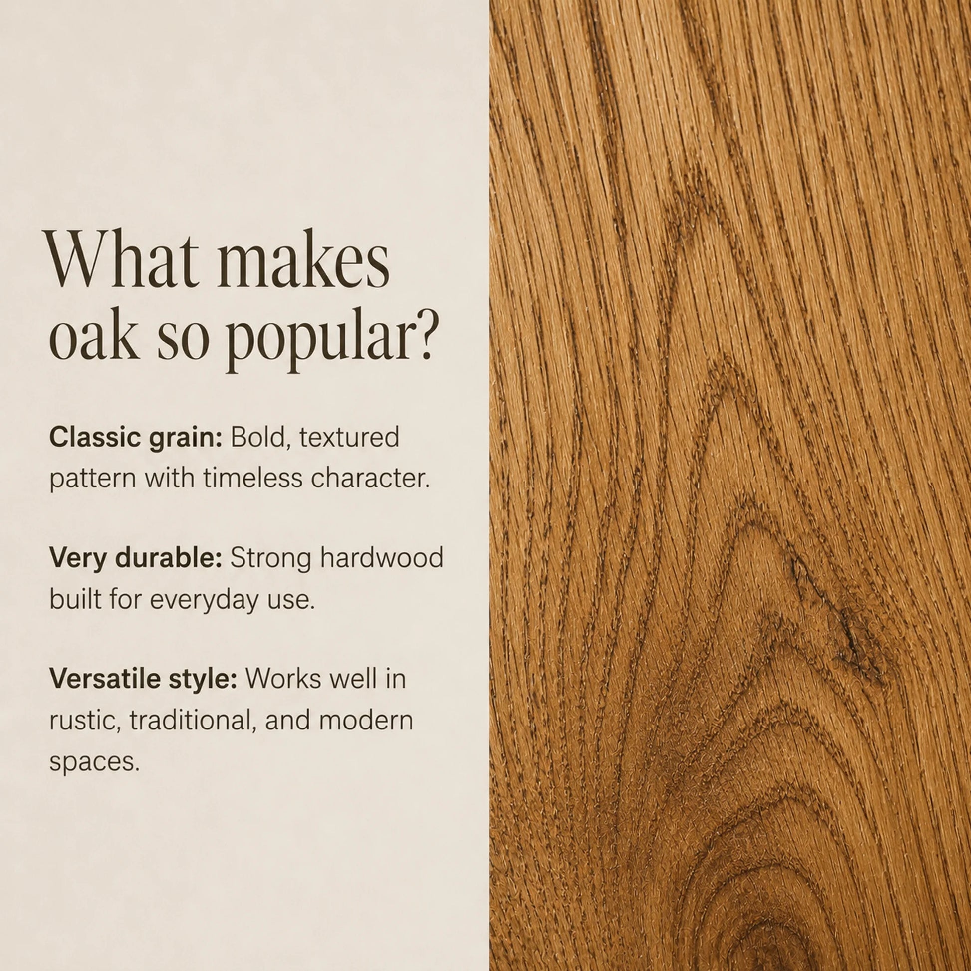 Oak wood grain information panel explaining the finish choice