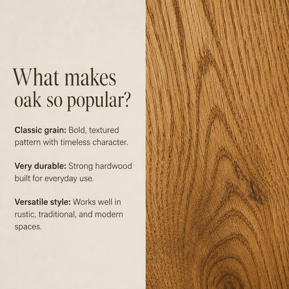 Oak wood grain information panel explaining the finish choice