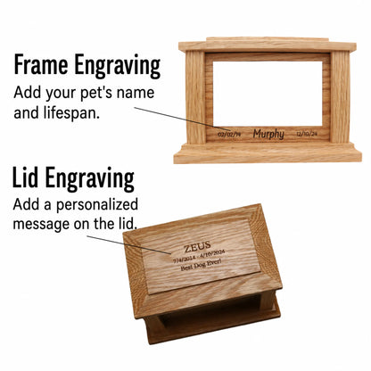 Oak wood memorial box graphic showing front frame and lid engraving options