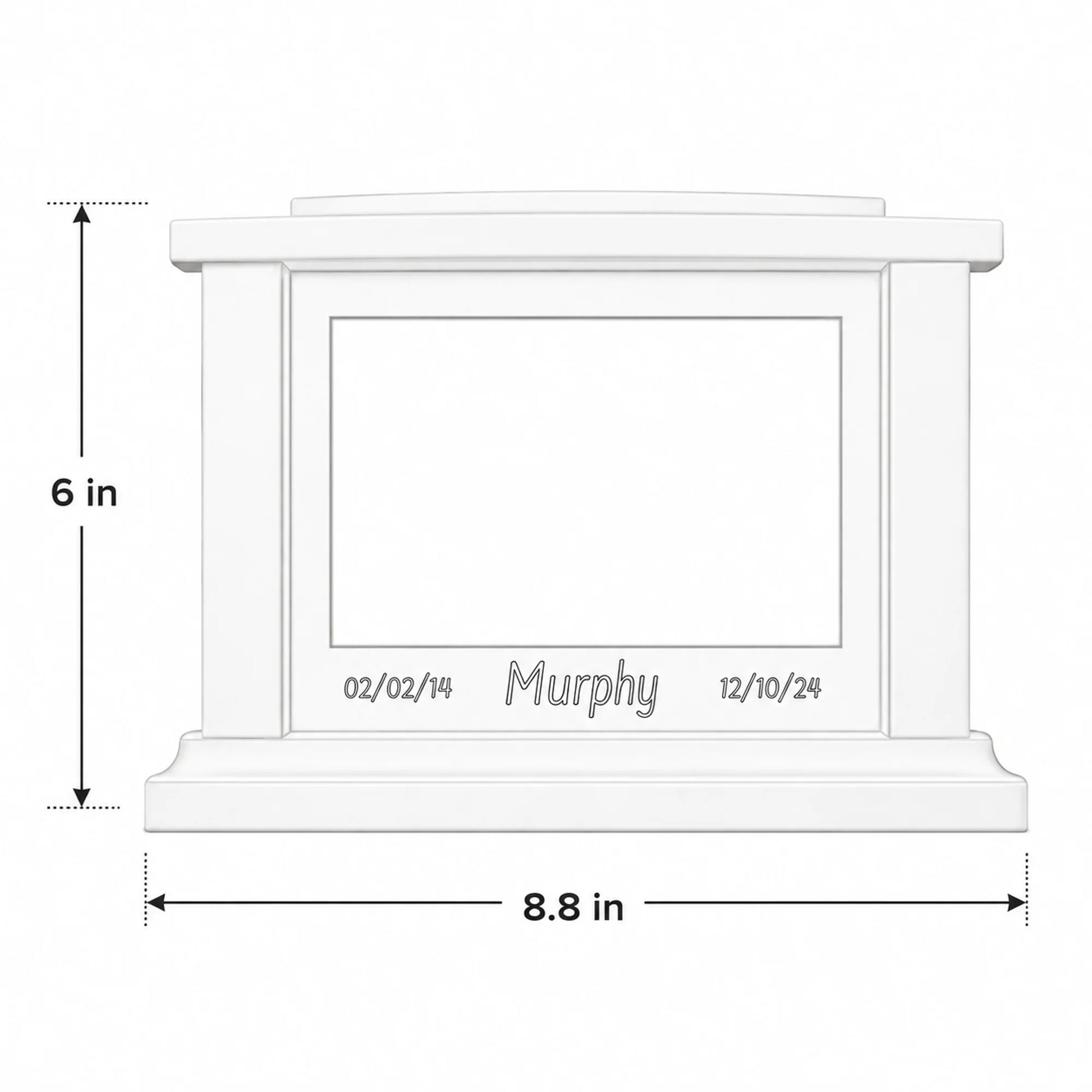 Dimension graphic showing the wood memorial box measuring 8.8 inches long, 6 inches tall, and 5.75 inches wide