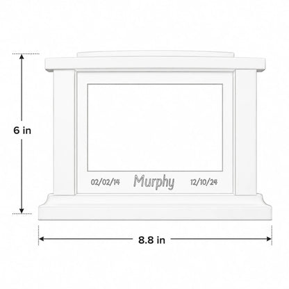 Dimension graphic showing the wood memorial box measuring 8.8 inches long, 6 inches tall, and 5.75 inches wide
