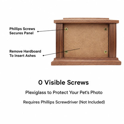 Feature callout graphic labeling the walnut memorial box frame, engraving, felt feet, and storage panel