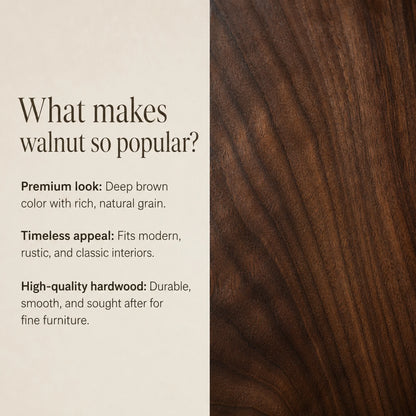 Walnut wood grain information panel explaining the finish choice