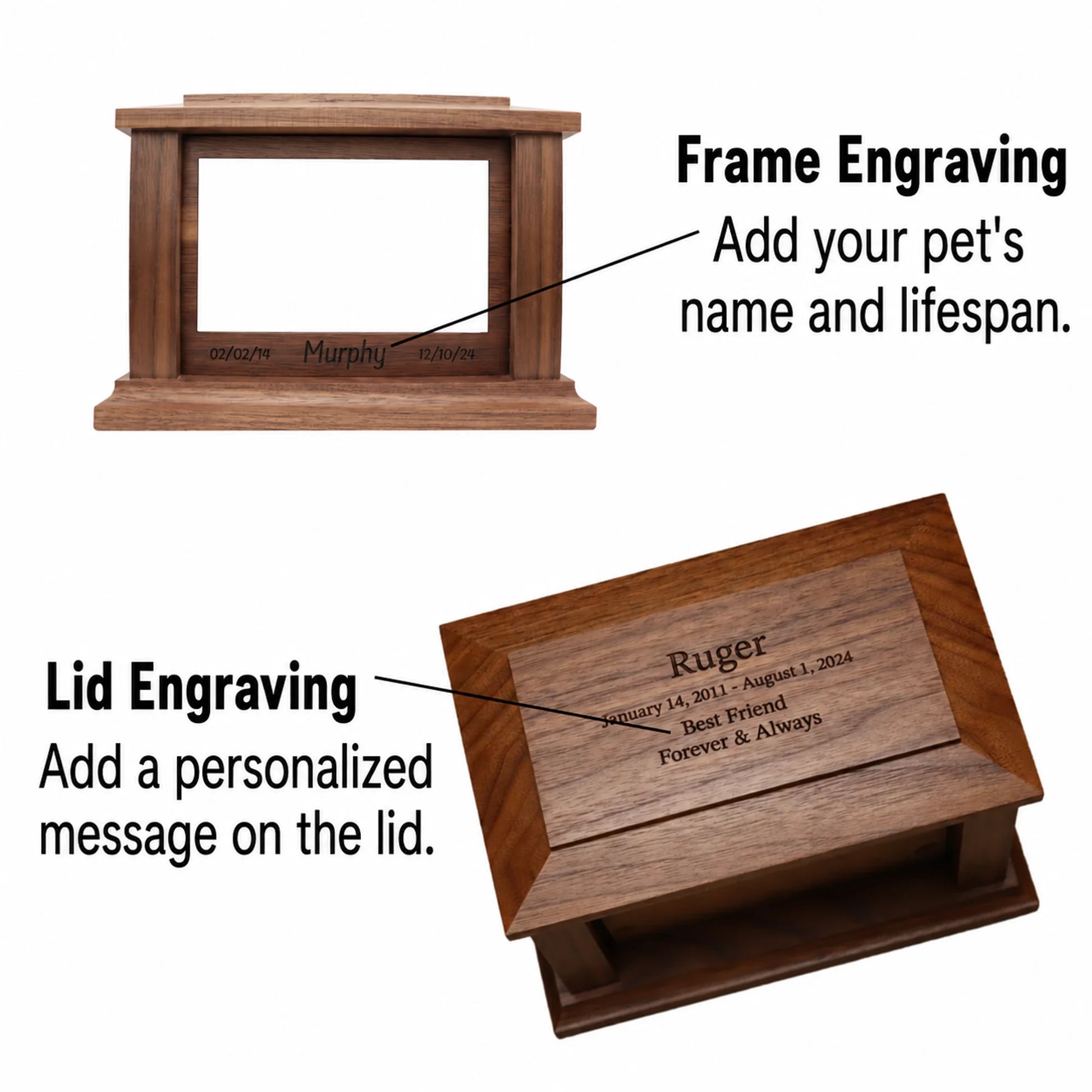 Walnut wood memorial box graphic showing front frame engraving and optional lid engraving areas