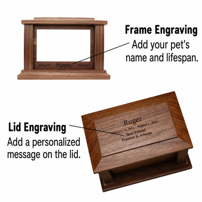 Walnut wood memorial box graphic showing front frame engraving and optional lid engraving areas