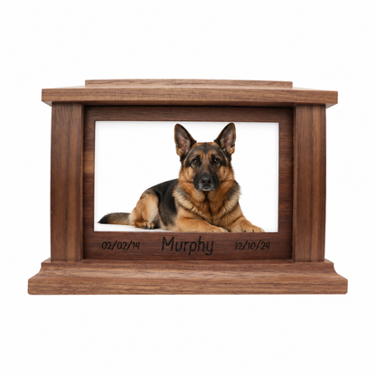 Wooden pet urn with a photo of a dog named Murphy on a white background